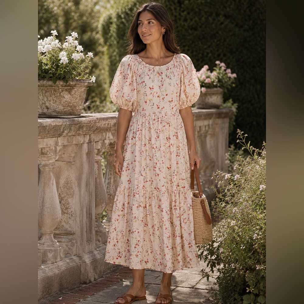 Moodie Floral Puff Sleeve Midi Dress M